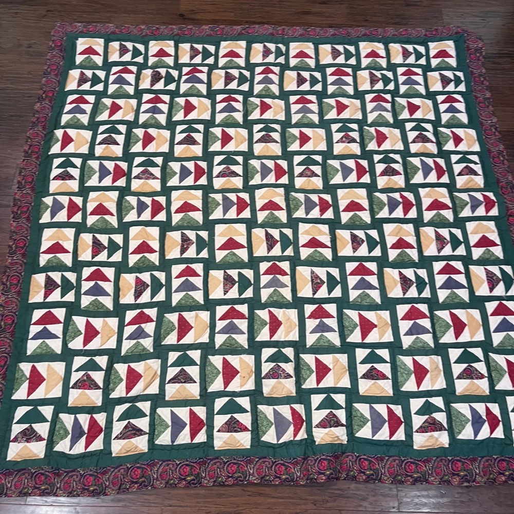 Vtg Flying Geese Patchwork Quilt Handmade Green Paisley Floral 82x84‎ Farmhouse